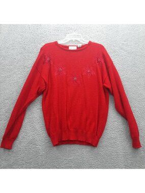 Vintage Red Poinsettia Christmas Sweater Long Sleeve Large Festive Cottagecore